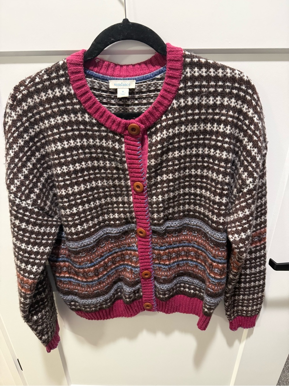 Sundance Fair Isle Cardigan Sweater Women M Wool Blend Nordic Pink Brown